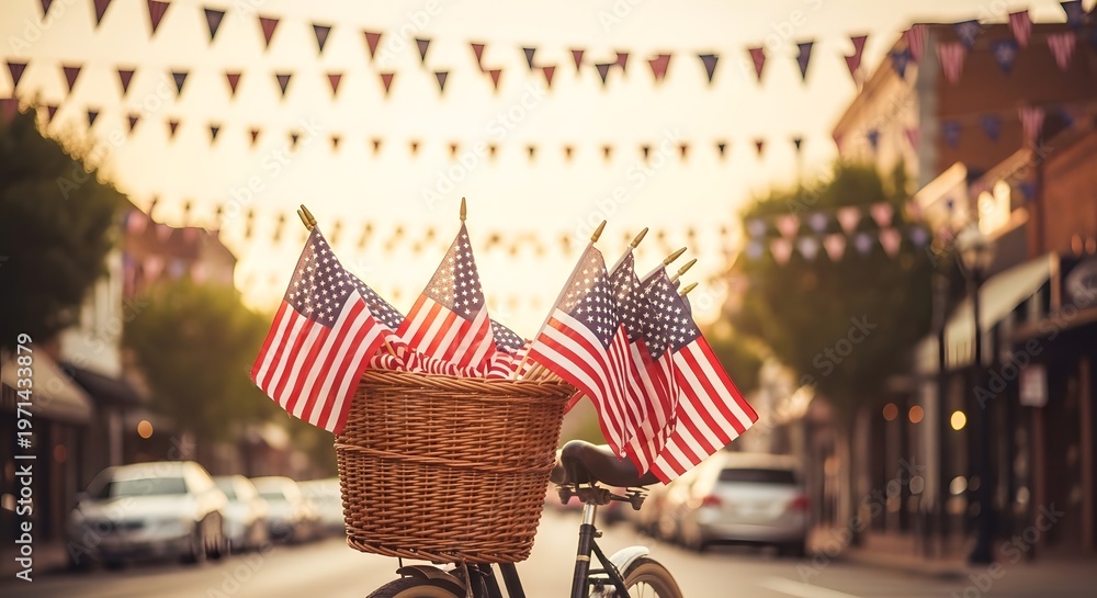 Obraz premium American flags and bunting displayed on a bicycle in a town square