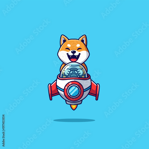 Cartoon illustration of a cheerful Shiba Inu dog with a wide smile piloting a white and red rocket ship, featuring a clear dome and steering wheel, on a solid blue background.