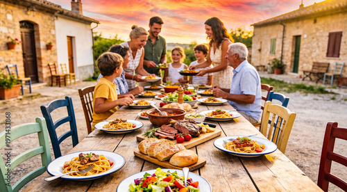 Large multi-generational family enjoying a traditional Italian dinner outdoors at sunset, rustic Tuscan villa courtyard with long wooden table, Mediterranean feast and authentic family bonding concept