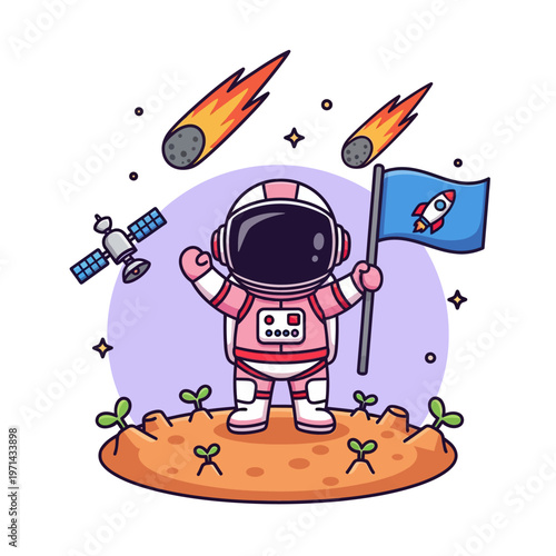 Cute cartoon astronaut in pink spacesuit standing on a cratered planet, holding a blue flag with rocket emblem, accompanied by meteors, satellite, and growing sprouts in space.