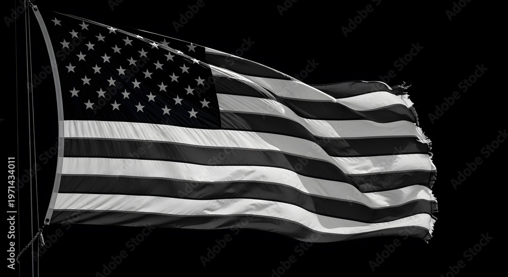 Obraz premium Title dramatic black and white image of a waving american flag against a dark background description a striking grayscale photograph showcases a