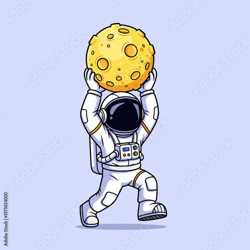 Cartoon astronaut in white spacesuit holding a yellow cratered moon above head, walking with bent knees on a plain light blue background. Space exploration concept art.