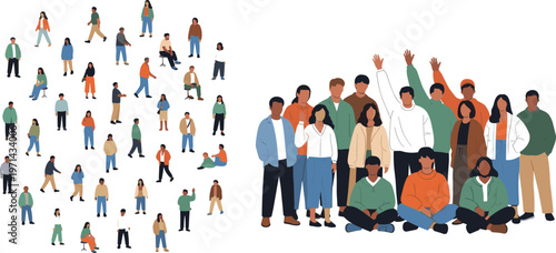 Crowd of Diverse People Character Collection Vector Illustration with Multicultural Groups Standing Sitting and Walking Isolated on Transparent Background