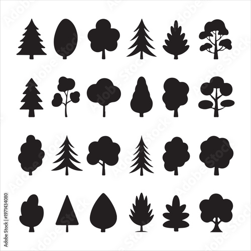Collection of twenty four simple tree silhouettes and icons in black and white