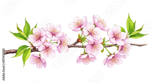 Watercolor painting of delicate pink cherry blossoms on a branch