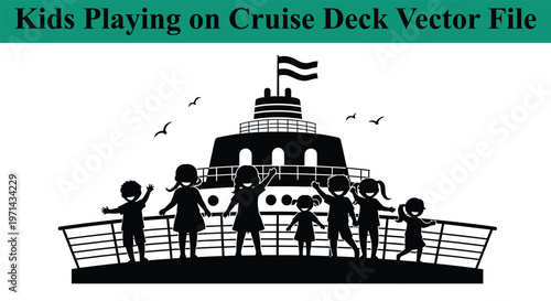 Children playing on a cruise ship deck with railing and flag  happy family vacation