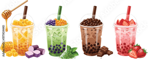 Set of Stylized Boba Tea Cup Illustrations with Graphic Text and Playful Icons for Modern Cafe Branding Summer Drink Menus and Bubble Tea Shop PromotionsSet of Stylized Boba Tea Cup Illustrations with