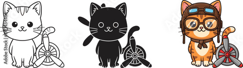 Vector set of cute cat pilot mascot character with aviator hat and propeller in outline, silhouette, and colorful versions, comma