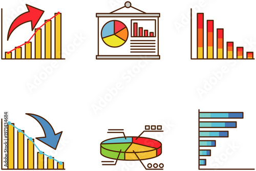 A collection of colorful business graphs and charts