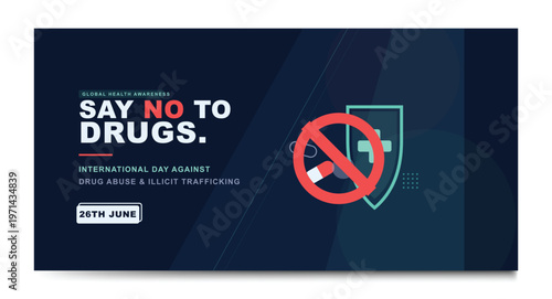 Say No to Drugs Campaign Banner Design for International Day Against Drug Abuse with Prohibited Pill Icon on Blue Background Vector EPS Template
