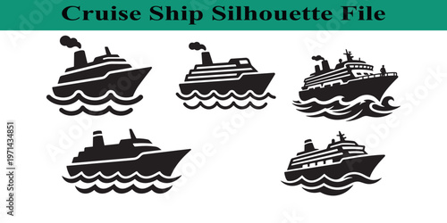 Collection of cruise ships on wavy water  various designs and angles