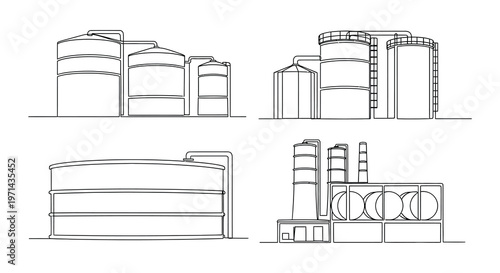 Continuous line drawing of industrial storage tanks and refinery structures