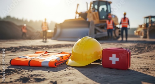Construction site safety gear lies on ground. Yellow hard hat orange vest, red first aid kit symbolize safety, preparedness. Workers in background. Ready for emergencies.
