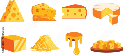 Cheese varieties icon set featuring slices wedges blocks melted dripping and shredded styles isolated dairy food collection vector illustration
