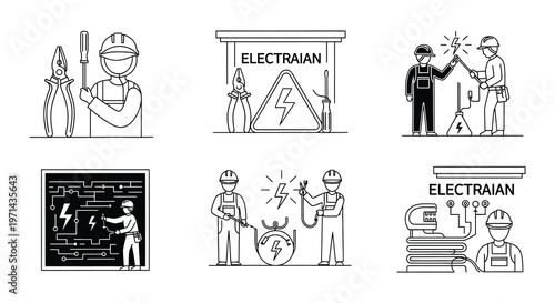 Electrical work icons featuring tools safety and electrician personnel
