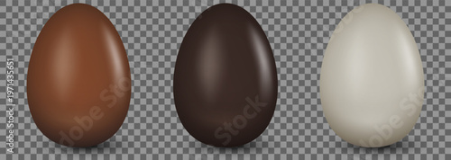 Tasty chocolate egg set mockup vector template Isolated on transparent background. Dark, milk and white whole Chocolate Egg Icon Set Closeup. Sweet dessert for Easter, packaging design, food themes