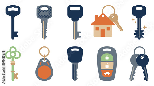 Colorful flat design key icons for property management and security.