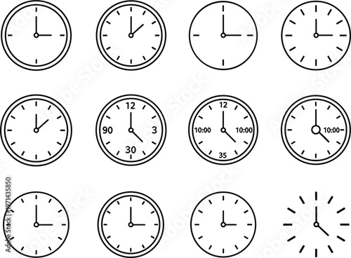 Clock icons set with different time displays featuring analog watch faces for schedule planning deadline reminder and time management vector illustration