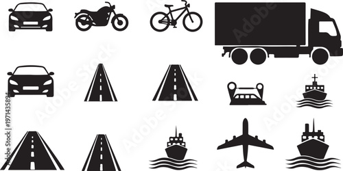 transport network road rail air sea silhouette set black