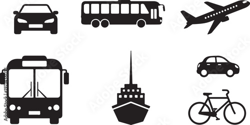 transport symbols car bus airplane ship bicycle silhouette set black