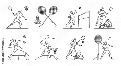 Badminton illustrations featuring players equipment and action poses in line art