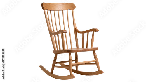Classic wooden rocking chair with curved arms and spindle back, isolated on transparent background