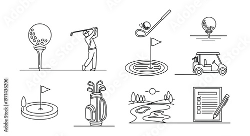 Golfing elements a linear illustration set of clubs balls and course features