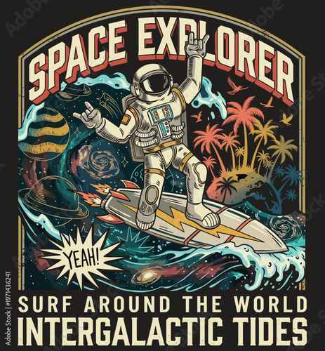 Space Explorer Astronaut Surfing - Intergalactic Tides Retro Space T-Shirt Design