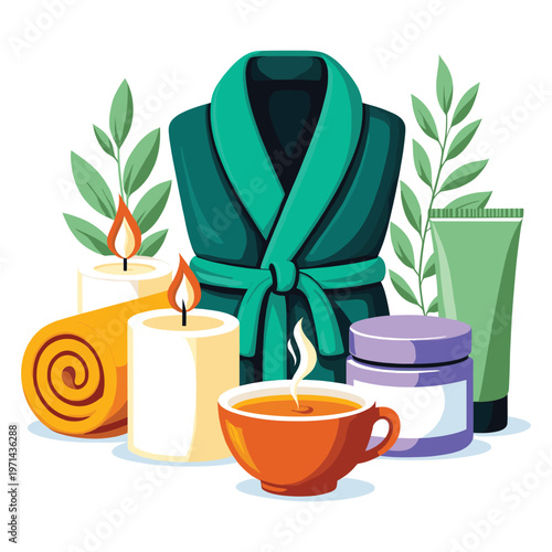 Relaxing spa wellness concept with bathrobe candles and cup of tea.