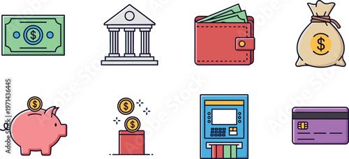 Finance banking icon set featuring money cash wallet savings piggy bank ATM credit card and financial transaction symbols vector illustration