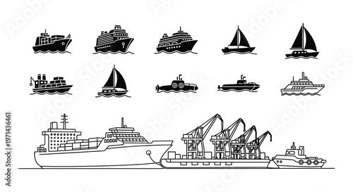 Collection of various marine vessels depicted in a simple line art style
