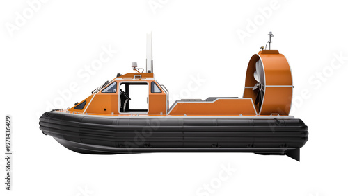 Tableau sur toile Orange hovercraft with black inflatable skirt, isolated on transparent backgroun