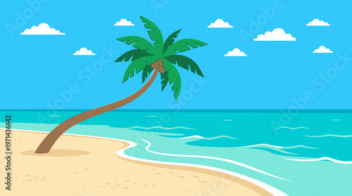 Palm tree on sandy beach shore.