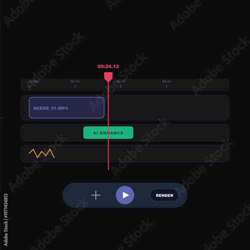 Video editing timeline, render button, video production interface, multimedia software