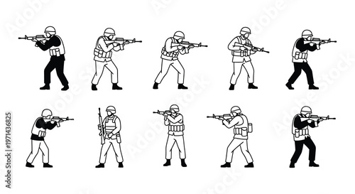 Line art illustration depicting soldiers in various tactical positions