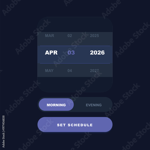 Mobile app schedule interface, calendar widget, time picker, purple buttons, vector UI elements