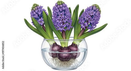 Vibrant purple hyacinths in a glass vase with visible bulbs