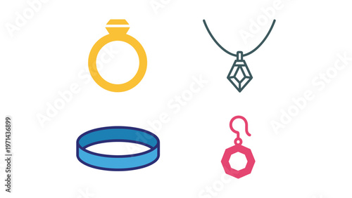 A collection of four stylish jewelry pieces including rings, a necklace, and bracelets.