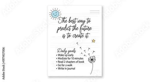 Daily goals motivation quote on notepad with dandelion and sun