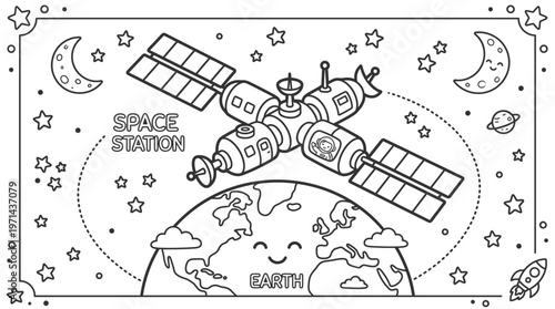 Space Station Orbiting Earth Satellite.