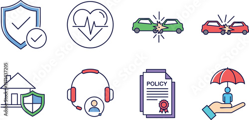 Insurance protection icons set featuring shield health car accident policy support coverage safety and financial security concepts for business design