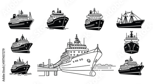 Collection of various marine vessels depicted in a simple line art style