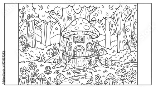 Mushroom House in Forest Illustration.