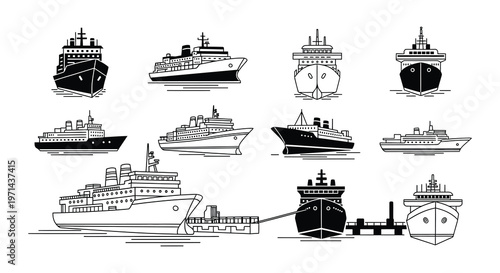 Collection of various marine vessels depicted in a simple line art style