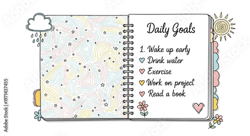 Daily Goals Notebook with Colorful Illustrations and To-Do List
