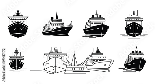 Collection of various marine vessels depicted in a simple line art style