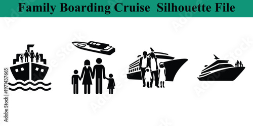 Family boarding cruise ship silhouettes on white background