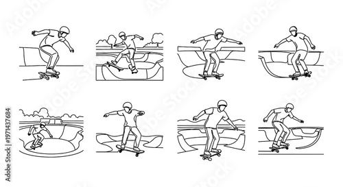 Skateboarders performing tricks in a minimalist line art illustration