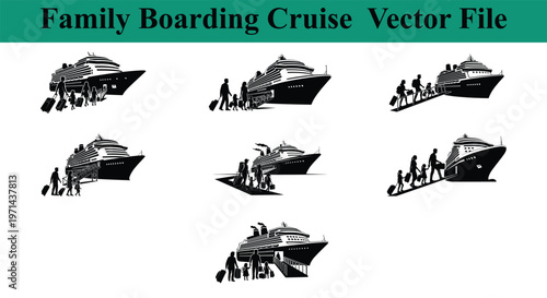 Family boarding cruise ship vector illustrations with silhouettes of people and luggage