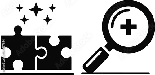 Discovery and connection through puzzle pieces and magnifying glass symbolism
